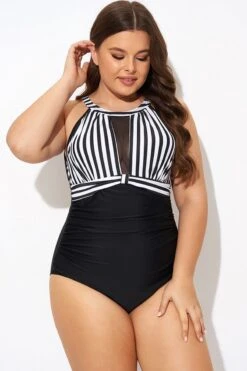 Stripe High Neck Mesh Ruched One Piece Swimsuit 11 Stripe High Neck Mesh Ruched One Piece Swimsuit -Luna Marina Store b deop295001 4