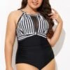 Stripe High Neck Mesh Ruched One Piece Swimsuit
