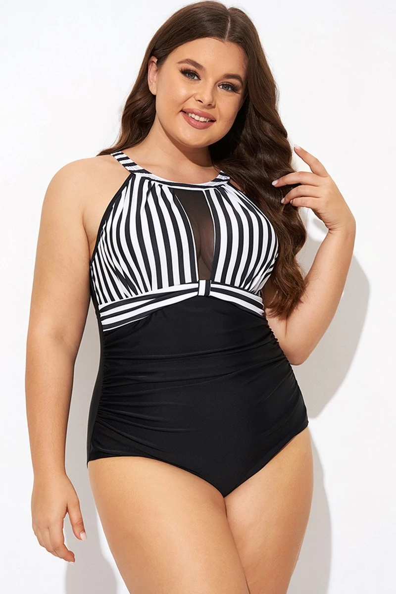 Stripe High Neck Mesh Ruched One Piece Swimsuit 3 Stripe High Neck Mesh Ruched One Piece Swimsuit