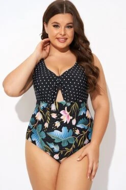 Crewneck Flower Print Polka Dots Knot One Piece Swimsuit 11 Crewneck Flower Print Polka Dots Knot One Piece Swimsuit -Luna Marina Store b deop297001 4
