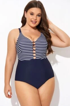 Stripe Plunge Deep V Neck One Piece Swimsuit