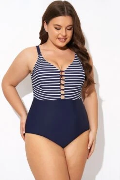 Stripe Plunge Deep V Neck One Piece Swimsuit -Luna Marina Store b deop300001 3