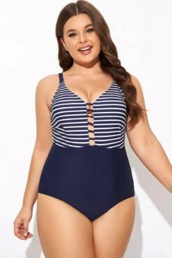 Stripe Plunge Deep V Neck One Piece Swimsuit -Luna Marina Store b deop300001 4