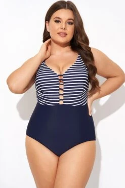 Stripe Plunge Deep V Neck One Piece Swimsuit -Luna Marina Store b deop300001 5