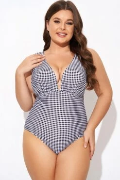 Gingham V-neck Low-cut Leg One Piece Swimsuit
