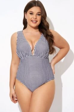 Gingham V-neck Low-cut Leg One Piece Swimsuit -Luna Marina Store b deop301001 5