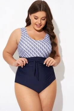 Shell Print Round Neck Belt One Piece Swimsuit -Luna Marina Store b deop302001 1
