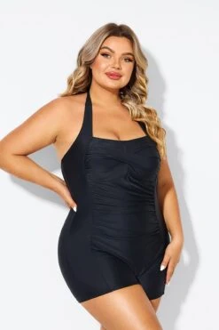 Black Ruched Panel Halter Women One Piece Swimsuit -Luna Marina Store b deop303001 6