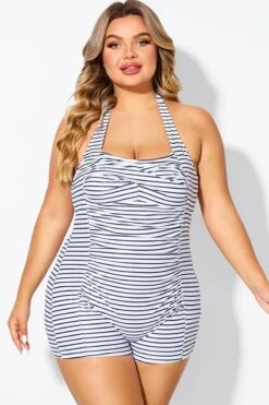 Striped Ruched Panel Halter Women One Piece Swimsuit -Luna Marina Store b deop303002 1