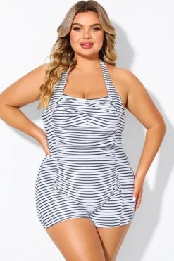 Striped Ruched Panel Halter Women One Piece Swimsuit -Luna Marina Store b deop303002 3