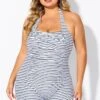 Striped Ruched Panel Halter Women One Piece Swimsuit -Luna Marina Store b deop303002 4