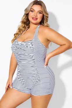 Striped Ruched Panel Halter Women One Piece Swimsuit -Luna Marina Store b deop303002 5