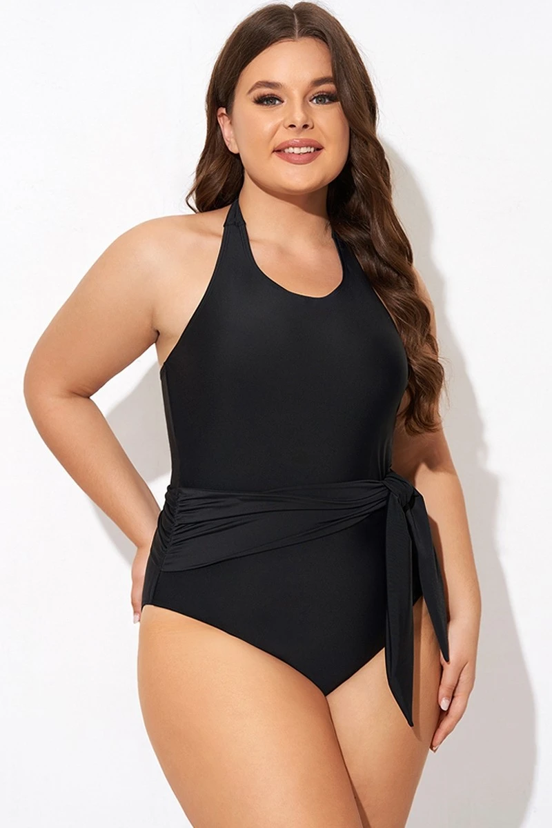 Black High-neck Halter Sash One Piece Swimsuit 3 Black High-neck Halter Sash One Piece Swimsuit