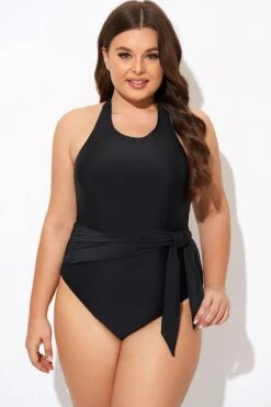 Black High-neck Halter Sash One Piece Swimsuit 10 Black High-neck Halter Sash One Piece Swimsuit -Luna Marina Store b deop308001 3