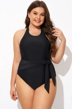 Black High-neck Halter Sash One Piece Swimsuit 12 Black High-neck Halter Sash One Piece Swimsuit -Luna Marina Store b deop308001 5