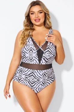 Plunging V-front And Back Mesh One Piece Swimsuit -Luna Marina Store b deop309001 3