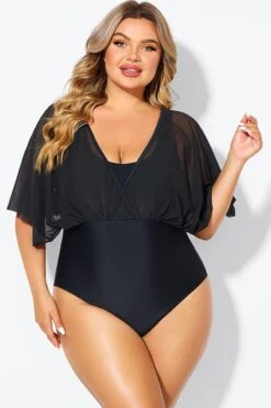 Solid Black Mesh Patchwork One Piece Swimsuit -Luna Marina Store b deop310001 3