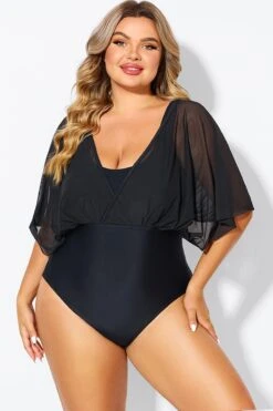 Solid Black Mesh Patchwork One Piece Swimsuit -Luna Marina Store b deop310001 4