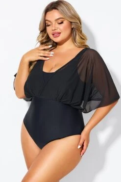 Solid Black Mesh Patchwork One Piece Swimsuit -Luna Marina Store b deop310001 5