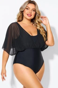 Solid Black Mesh Patchwork One Piece Swimsuit -Luna Marina Store b deop310001 6