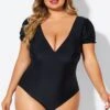 Black Wireless Puff Sleeves V-Neck One Piece Swimsuit 1 Black Wireless Puff Sleeves V-Neck One Piece Swimsuit -Luna Marina Store b deop311001 1