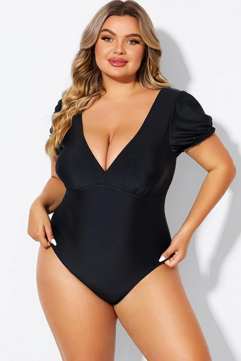 Black Wireless Puff Sleeves V-Neck One Piece Swimsuit 4 Black Wireless Puff Sleeves V-Neck One Piece Swimsuit - Image 3