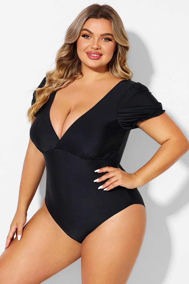 Black Wireless Puff Sleeves V-Neck One Piece Swimsuit 5 Black Wireless Puff Sleeves V-Neck One Piece Swimsuit - Image 4