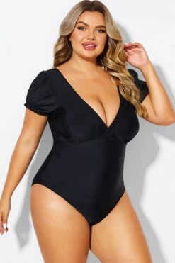 Black Wireless Puff Sleeves V-Neck One Piece Swimsuit 11 Black Wireless Puff Sleeves V-Neck One Piece Swimsuit -Luna Marina Store b deop311001 5