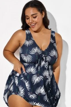 Dusty Blue Floral Print V-Neck Swimdress -Luna Marina Store b desd001009 22
