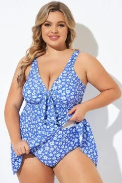 Floral Printed Tie Front V-Neck Swimdress -Luna Marina Store b desd001012 3