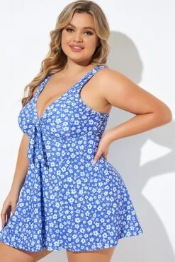 Floral Printed Tie Front V-Neck Swimdress -Luna Marina Store b desd001012 4