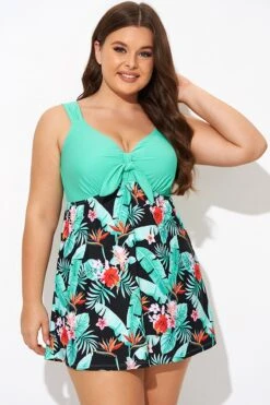 Green Flower Tie-front Wide Straps Swimdress