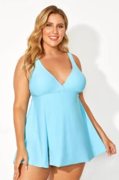 Blue Side Slit V-Neck Adjustable Straps Swimdress