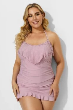 Solid Pink Fringe Ruffle Hem Bandeau Swimdress 9 Solid Pink Fringe Ruffle Hem Bandeau Swimdress -Luna Marina Store b desd033001 4