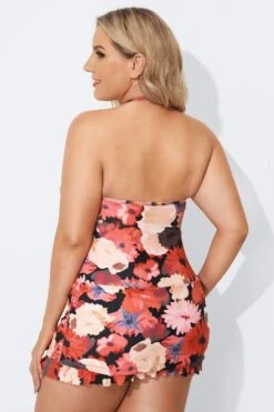 Technicolor Flower Print Ruffle Hem Bandeau Swimdress -Luna Marina Store b desd033003 2