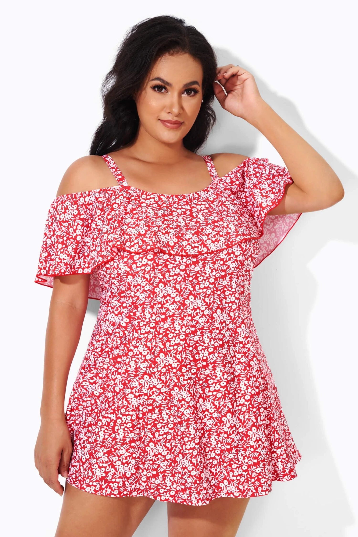 Red Floral Printed Off-the-Shoulder Swimdress 3 Red Floral Printed Off-the-Shoulder Swimdress