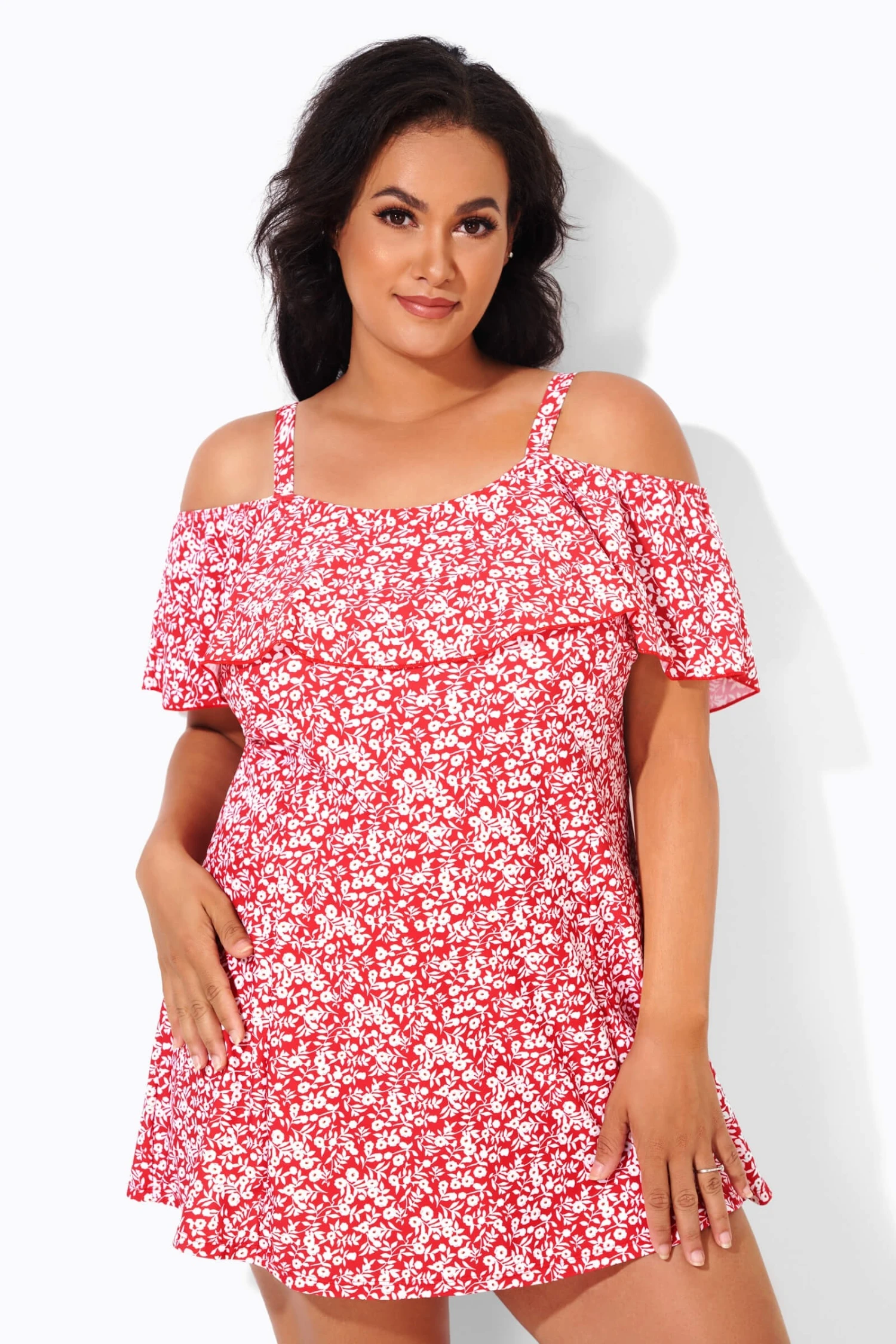 Red Floral Printed Off-the-Shoulder Swimdress 6 Red Floral Printed Off-the-Shoulder Swimdress - Image 4