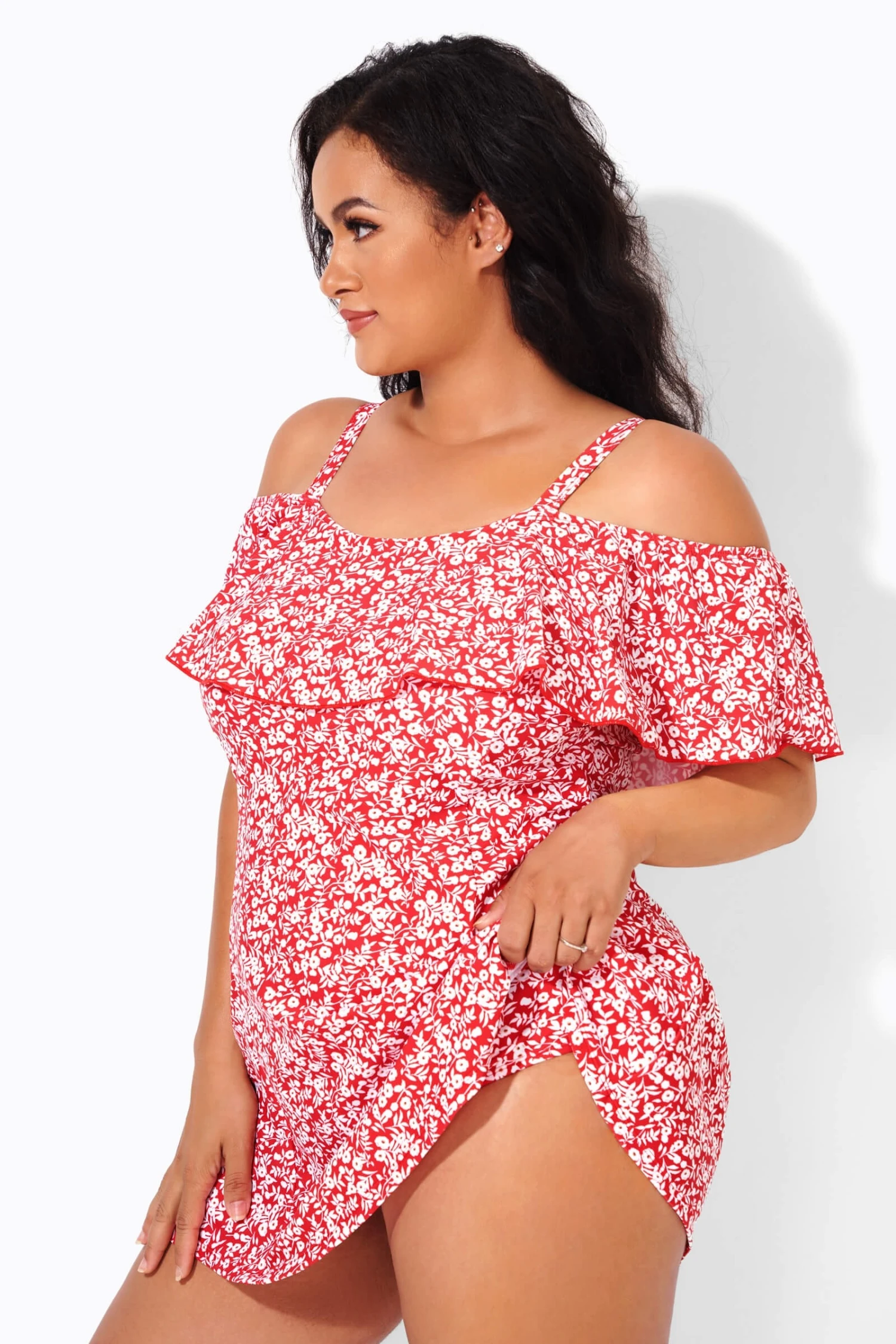 Red Floral Printed Off-the-Shoulder Swimdress 5 Red Floral Printed Off-the-Shoulder Swimdress - Image 3