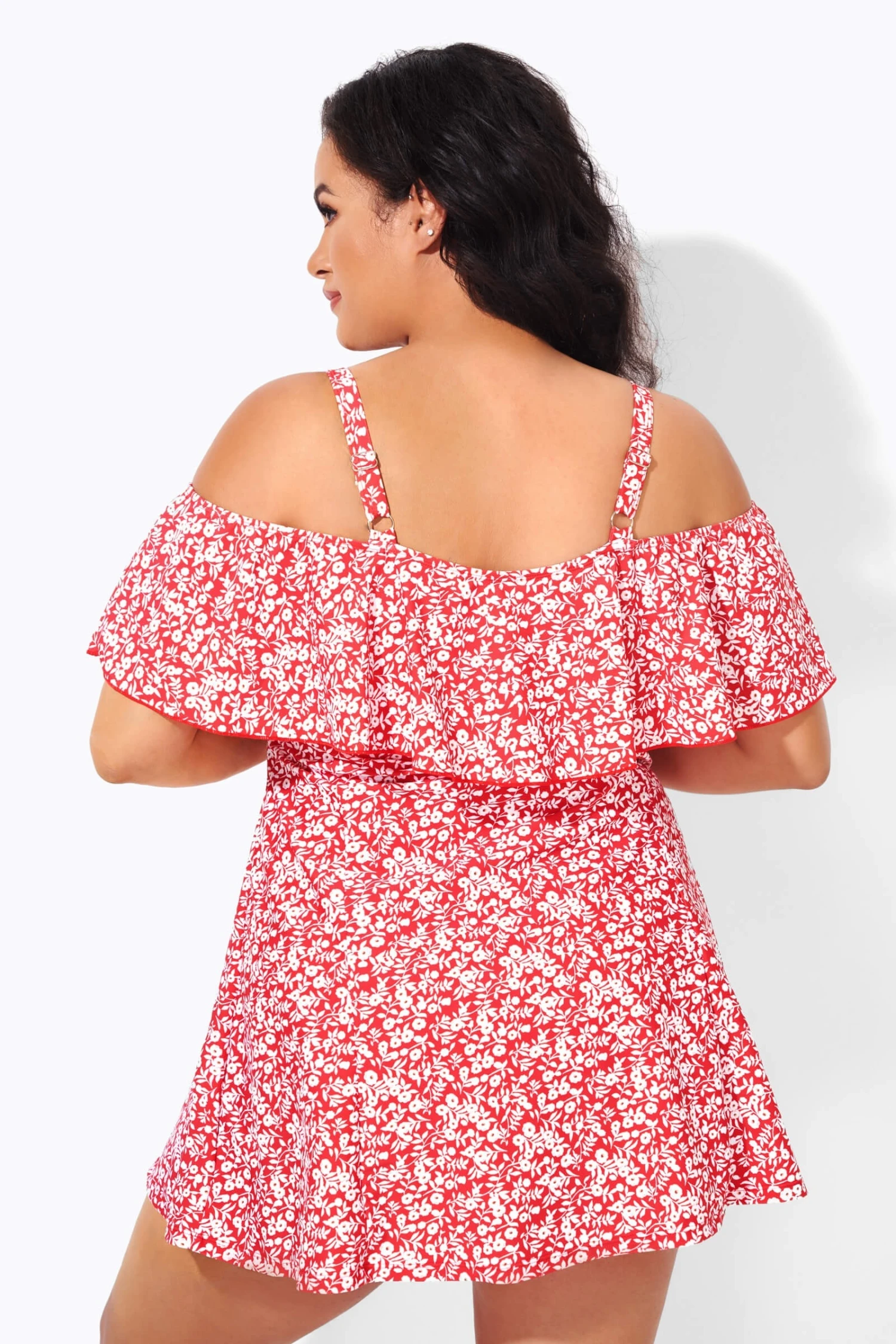 Red Floral Printed Off-the-Shoulder Swimdress 4 Red Floral Printed Off-the-Shoulder Swimdress - Image 2