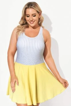 Classic Stripe Round Collar Swimdress For Lady