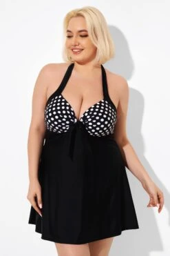 Fashion Black Dot Vintage Drawstring Closure Swimdress