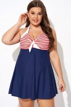 Vintage Stripe Halter Straps Women Swimdress -Luna Marina Store b desd081003 5