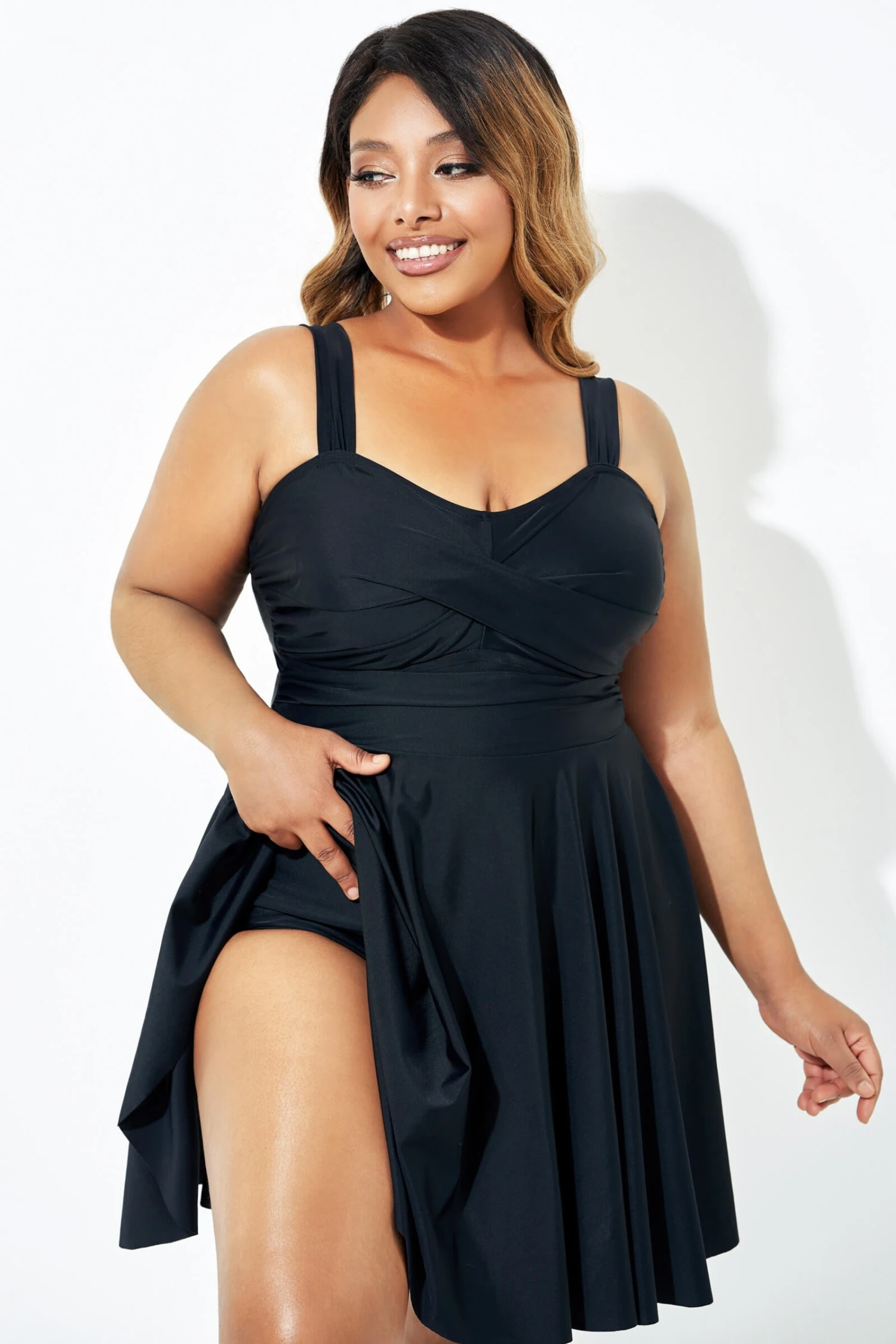 Black Adjustable Shoulder Straps Lady Flowy Swimdress 4 Black Adjustable Shoulder Straps Lady Flowy Swimdress - Image 2