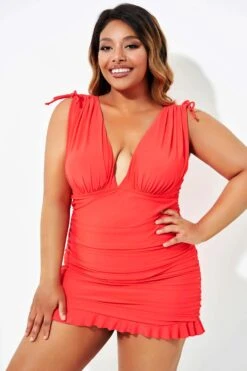 Solid Red Ruffle Adjustable Ruched Swimdress 12 Solid Red Ruffle Adjustable Ruched Swimdress -Luna Marina Store b desd087002 4 1