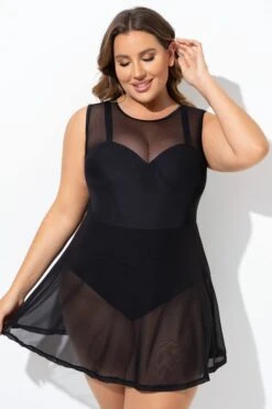 Black Mesh Underwire Hook & Eye Closure Swimdress