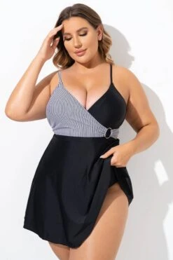 Black And White V-Neck Striped Wrap Swimdress -Luna Marina Store b desd094001 5