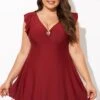Red V-neckline Frilled Cap Sleeves Swimdress 2 Red V-neckline Frilled Cap Sleeves Swimdress -Luna Marina Store b desd111001 1