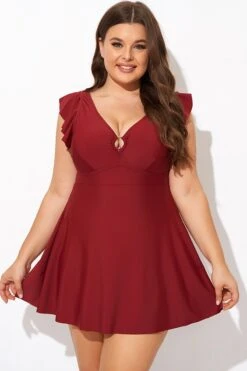 Red V-neckline Frilled Cap Sleeves Swimdress