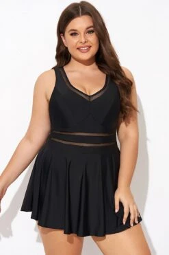 Black V-neck Wide Strap Crochet Detail Swimdress -Luna Marina Store b desd113001 1