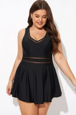 Black V-neck Wide Strap Crochet Detail Swimdress -Luna Marina Store b desd113001 4